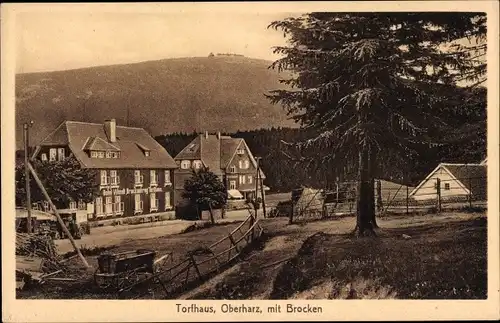 Ak Torfhaus Altenau Schulenberg Clausthal Zellerfeld im Oberharz, Ortspartie mit Brocken, Hotel