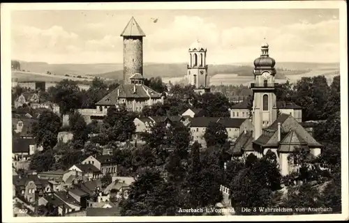 Ak Auerbach im Vogtland Sachsen, Die 3 Wahrzeichen des Ortes, Kirchturm, Schlossturm