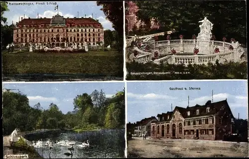 Ak Donaueschingen im Schwarzwald, Fürstl. Schloss, Donauquelle, Schlosspark, Gasthaus z. Sternen