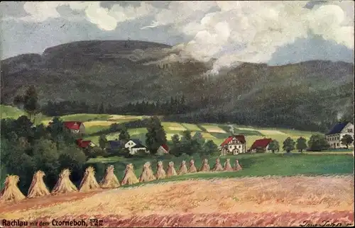 Künstler Ak J., Rachlau Kubschütz in der Oberlausitz, Sommer-Panorama mit dem Czorneboh