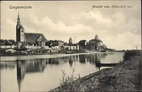 Ak Tangermünde an der Elbe, Ansicht vom Hafendeich aus, Kirche
