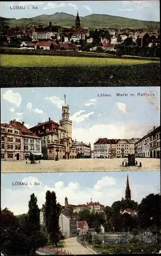 Ak Löbau in der Oberlausitz Sachsen, Panorama, Markt mit Rathaus