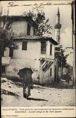 Ak Saloniki Thessaloniki Griechenland, Une gentille maisonnette du Quartier musulman, Minarette