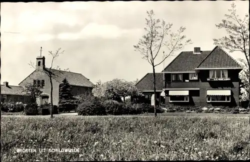 Ak Schildwolde Groningen, Dorfpartie, Kirche, Wohnhaus