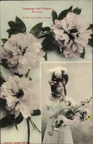 Ak Langage des Fleurs, Blumensprache, Pivoine, Je veux vous aimer toujours