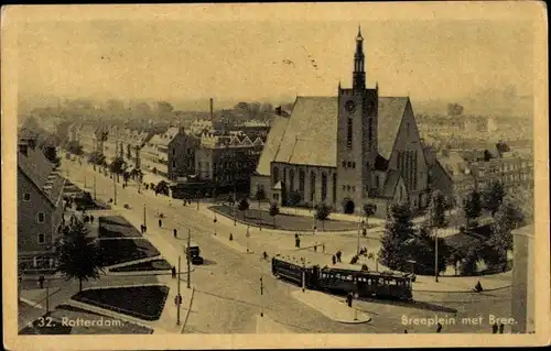 Ak Rotterdam Südholland Niederlande, Breeplein met Bree, Kirche, Straßenbahn