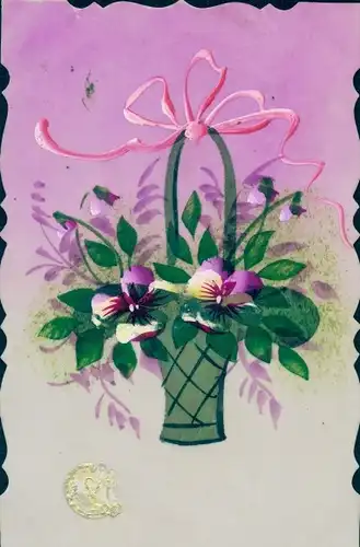 Zelluloid Ak Stiefmütterchen im Korb, Schleife