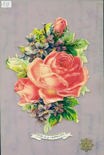 Zelluloid Ak Allez ou je voudrais etre, Blumenstrauß, Rosen, Veilchen
