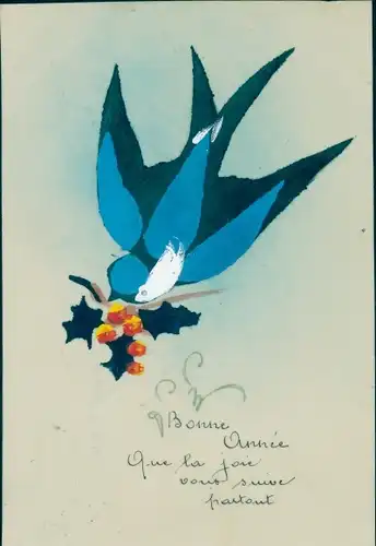 Zelluloid Ak Schwalbe mit Stechpalme im Schnabel