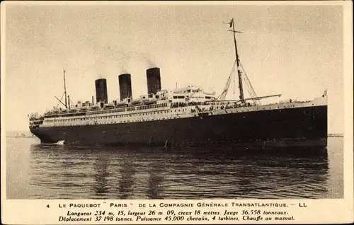Ak Paquebot Paris, CGT, French Line