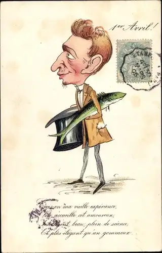 Ak 1. April, Ier Avril, Mann trägt einen Fisch