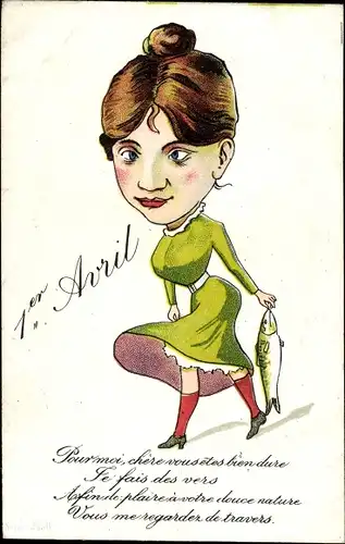 Ak 1. April, Ier Avril, Schielende Frau in grünem Kleid mit Fisch