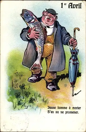 Ak 1. April, Ier Avril, Dicker Mann mit Fisch und Regenschirm