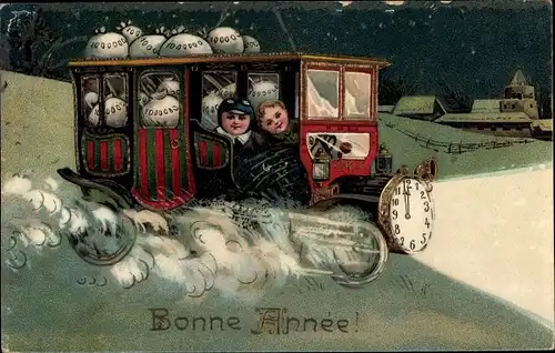 Präge Ak Glückwunsch Neujahr, Auto mit Geldsäcken, Uhr