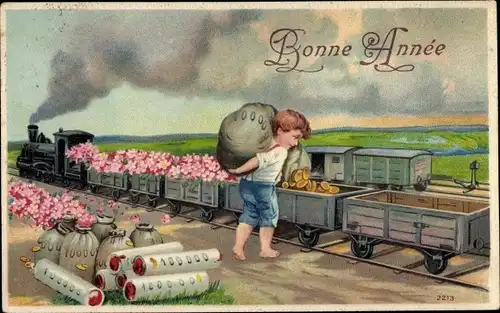 Präge Ak Glückwunsch Neujahr, Eisenbahn mit Blumen und Münzen