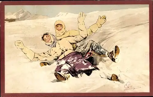 Künstler Ak Mann und Frau auf einem Schlitten im tiefen Schnee