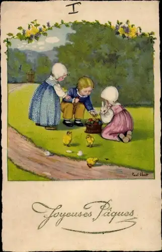 Künstler Ak Ebner, Pauli, Glückwunsch Ostern, Kinder, Küken, Ostereier, Hase