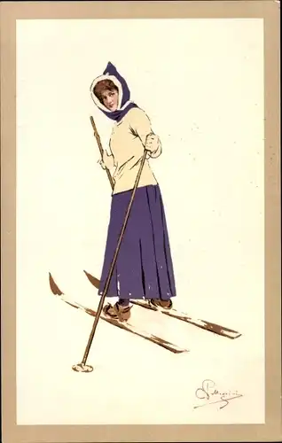 Künstler Ak Frau auf Skiern in Winterkleidung