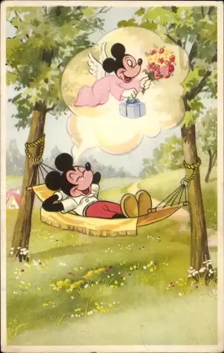 Künstler Ak Walt Disney, Comic, Mickey Maus träumt in einer Hängematte