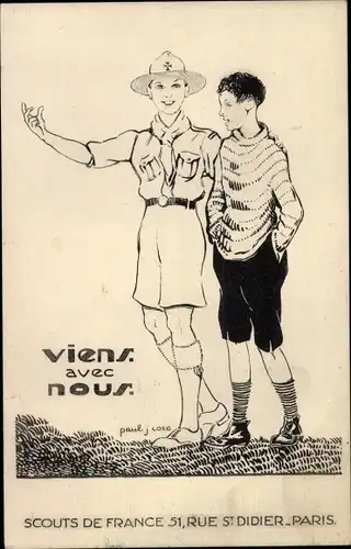 Künstler Ak Paris XVI., Viens avec nous, Scouts de France, Rue St. Didier, Pfadfinder
