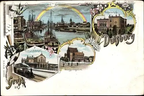 Litho Duisburg im Ruhrgebiet, Hafen, Bahnhof, Töchterschule, Realgymnasium