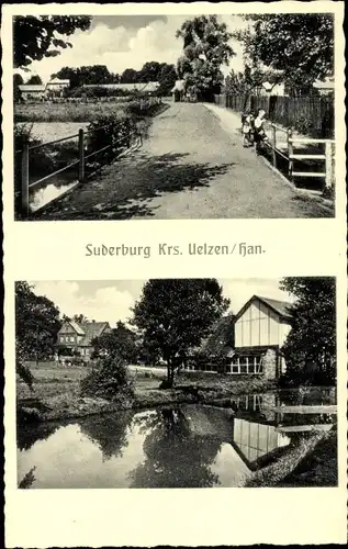 Ak Suderburg in der Lüneburger Heide, Straßenpartie, Teich