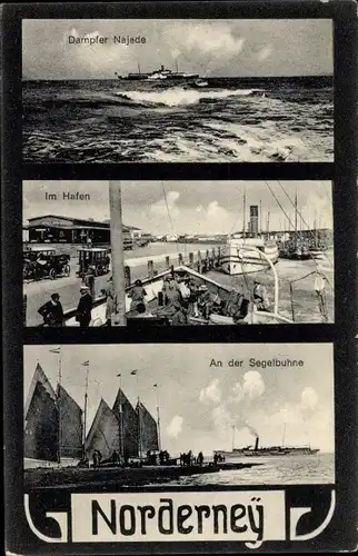 Ak Norderney in Ostfriesland, Dampfer Najade, Hafenpartie, an der Segelbuhne