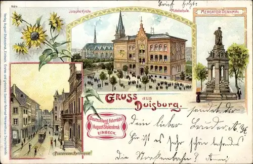 Litho Duisburg im Ruhrgebiet, Josephskirche, Mittelschule, Mercatordenkmal, Poststraße, Reichspost