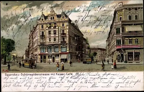 Künstler Litho Berlin Spandau, Schönwalderstraße, Kaiser Café, Kaufhaus Hirsch, Straßenbahnen