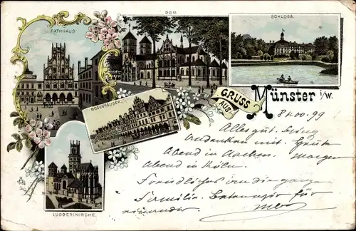 Litho Münster in Westfalen, Rathaus, Dom, Bogenhäuser, Ludgerikirche, Schloss