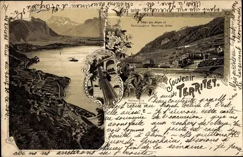 Litho Territet Montreux Kt. Waadt, Panorama, Hotel des Alpes, Funiculaire Territet Glion