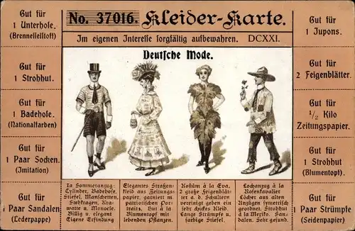 Ak Deutsche Mode, Kleiderkarte, Bezugsschein Feigenblätter, Zeitungspapier, Badehose Nationalfarben