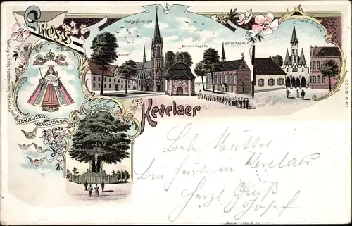 Litho Kevelaer Niederrhein, Wallfahrtskirche, Gnadenkapelle, Kerzenkapelle, Pfarrkirche, Kreuzbaum