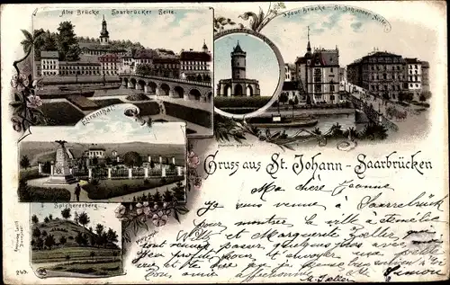Litho St. Johann Saarbrücken im Saarland, Neue u. alte Brücke, Ehrental, Spichererberg, Winterberg
