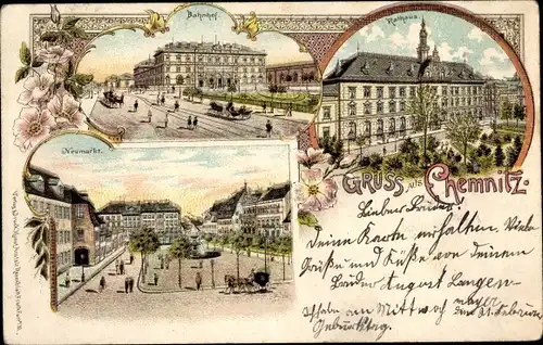 Litho Chemnitz Sachsen, Rathaus, Bahnhof, Neumarkt