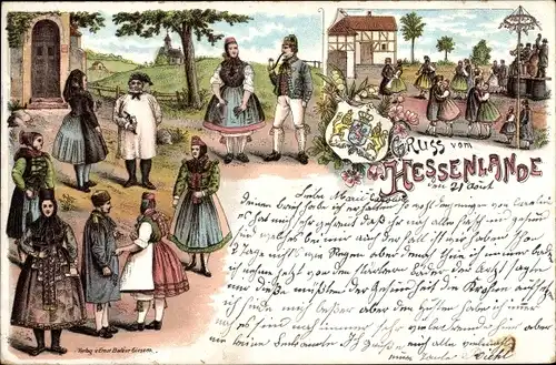 Litho Gruß vom Hessenlande, Personen in hessischen Trachten, Wappen