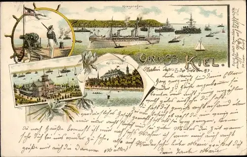 Litho Kiel, Kriegshafen, Kgl. Schloss, Kriegsschiffe, Kaiserliche Marine, Matrose