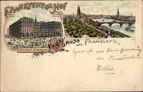 Litho Frankfurt am Main, Frankfurter Hof, Stadtpanorama, Wappen