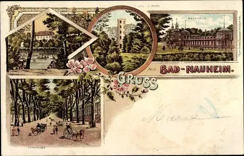 Litho Bad Nauheim in Hessen, Badehaus, Parkallee, Turm im Park