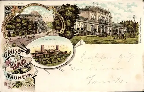 Litho Bad Nauheim in Hessen, Parkstraße, Kurhaus, Münzenberg