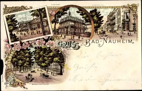 Litho Bad Nauheim in Hessen, Badehäuser, Postamt, Kurstraße, Bahnhofstraße