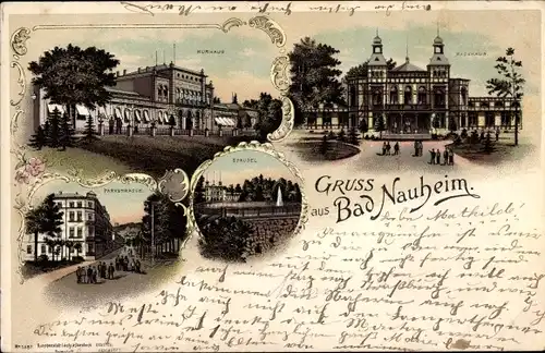 Litho Bad Nauheim in Hessen, Kurhaus, Badehaus, Parkstraße, Sprudel