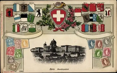 Präge Wappen Briefmarken Passepartout Ak Bern Stadt Schweiz, Bundespalast