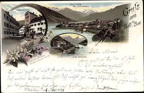 Litho Zell am See in Salzburg, Vom Kalvarienberg gesehen, Marktplatz, Hotel Bellevue