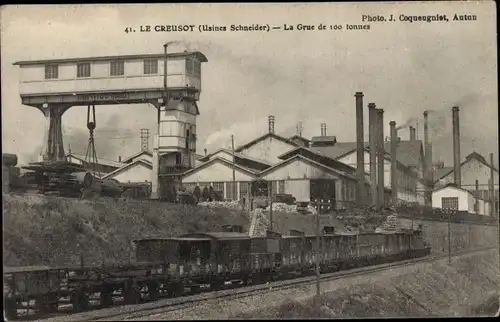 Ak Le Creusot Saône et Loire, Usines Schneider, la Grue de 100 tonnes, Güterzug