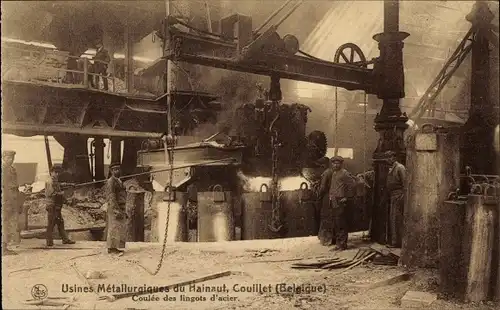 Ak Couillet Charleroi Hennegau, Usines Metallurgiques du Hainaut, Coulee des lingots d'acier