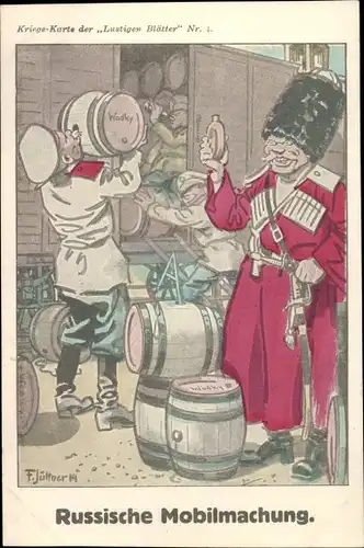 Künstler Ak Jüttner, Russische Mobilmachung, Kriegskarte der Lustigen Blätter Nr. 4, Wodka