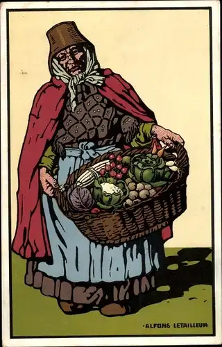 Künstler Ak Letailleur, Alfons, Händlerin mit Gemüsekorb