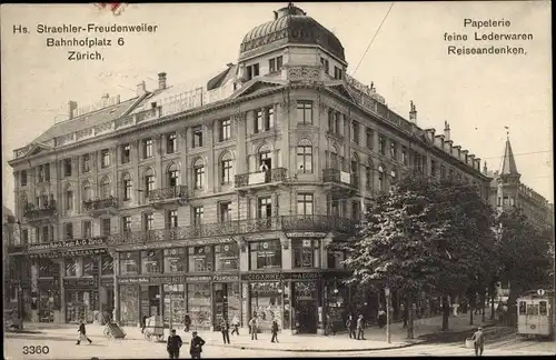 Ak Zürich Stadt Schweiz, Papeterie und Lederwarenhandlung, Bahnhofplatz 6