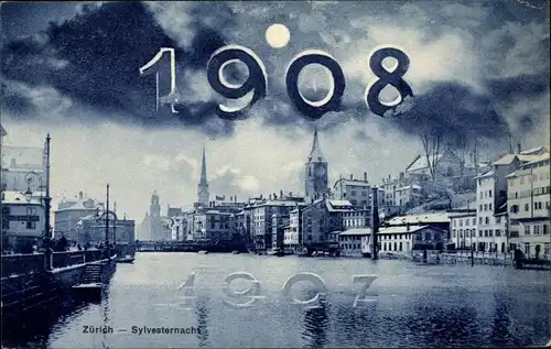 Mondschein Ak Zürich Stadt Schweiz, Glückwunsch Neujahr, Jahreszahl 1908, Stadtansicht